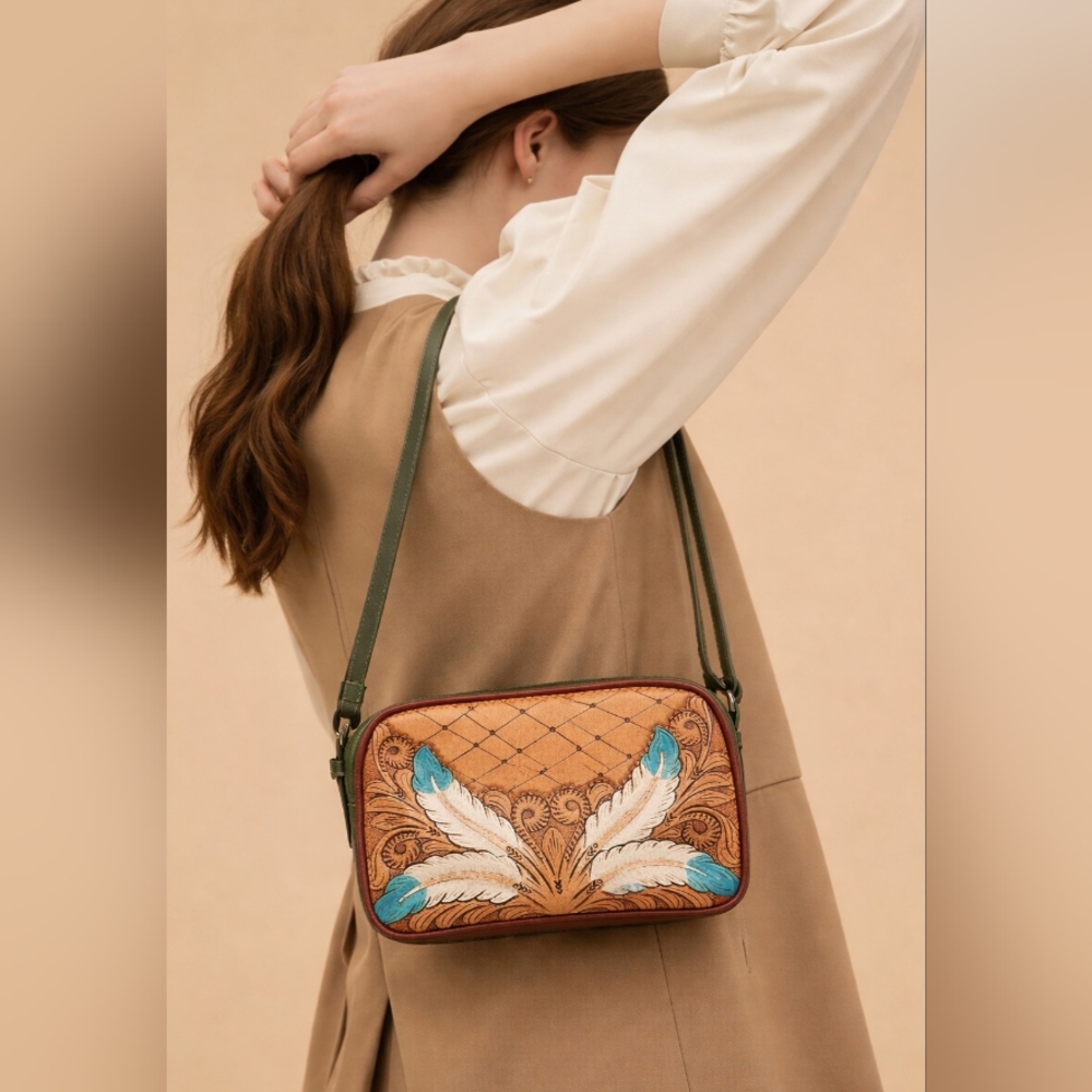 Hand Tooled Leather  Tan and Green Crossbody Bag